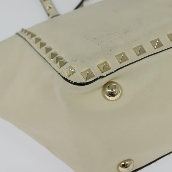 VALENTINO Studs Tote Bag Leather White Gold Auth BA3903
