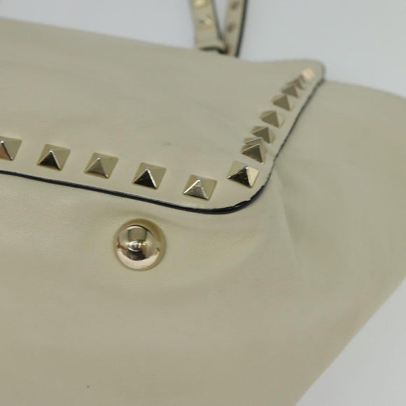 VALENTINO Studs Tote Bag Leather White Gold Auth BA3903