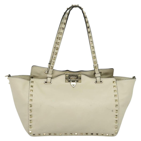 VALENTINO Studs Tote Bag Leather White Gold Auth BA3903
