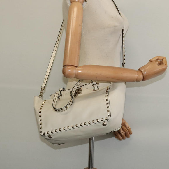 VALENTINO Studs Tote Bag Leather White Gold Auth BA3903