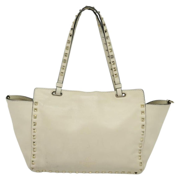 VALENTINO Studs Tote Bag Leather White Gold Auth BA3903