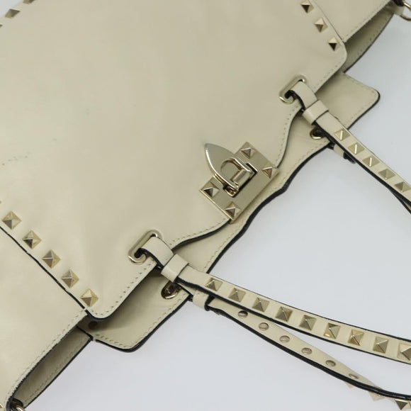VALENTINO Studs Tote Bag Leather White Gold Auth BA3903