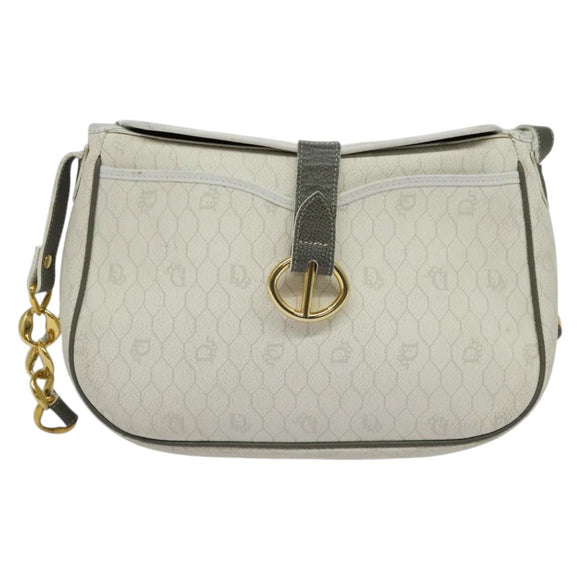 Christian Dior Honeycomb Canvas Chain Shoulder Bag PVC White Gold Auth BA3929