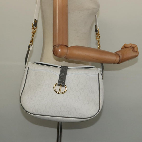 Christian Dior Honeycomb Canvas Chain Shoulder Bag PVC White Gold Auth BA3929