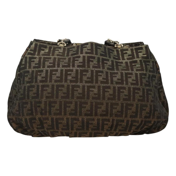 FENDI Zucca Canvas Chain Tote Bag Brown Black gold Auth BA393