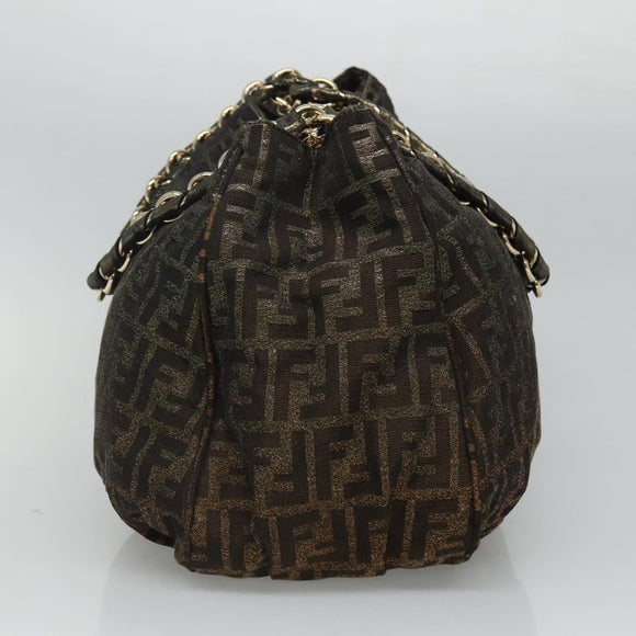 FENDI Zucca Canvas Chain Tote Bag Brown Black gold Auth BA393