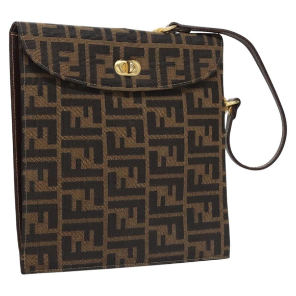 FENDI Zucca Canvas Hand Bag Brown Black gold Auth BA394V