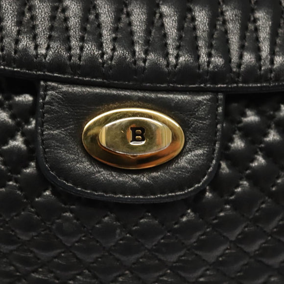 BALLY Quilted Chain Shoulder Bag Leather Black Gold Auth BA3955