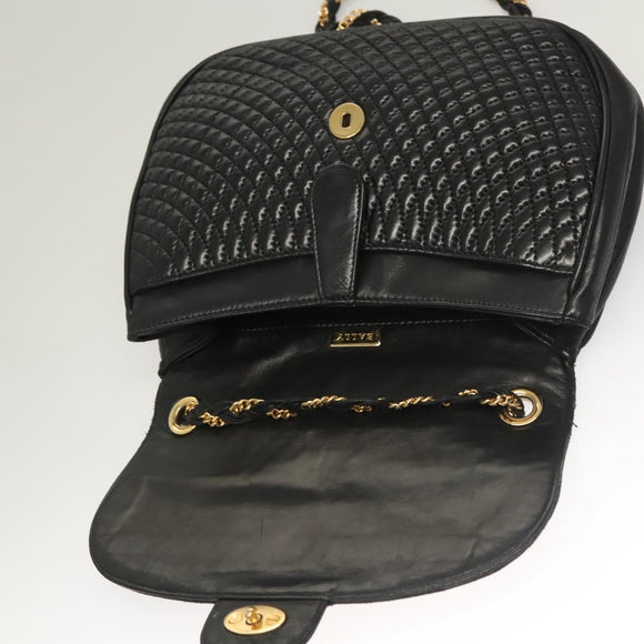 BALLY Quilted Chain Shoulder Bag Leather Black Gold Auth BA3955