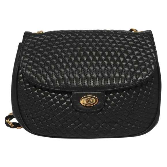 BALLY Quilted Chain Shoulder Bag Leather Black Gold Auth BA3955