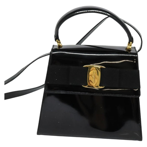 Salvatore Ferragamo Vala Hand Bag Patent leather 2way Black Gold Auth BA3968