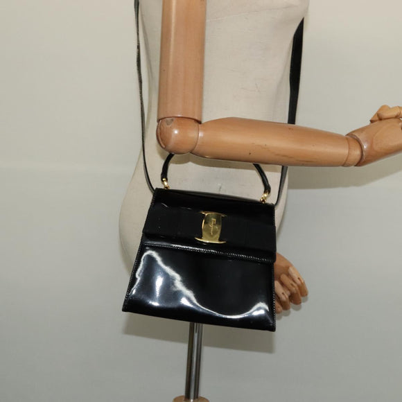 Salvatore Ferragamo Vala Hand Bag Patent leather 2way Black Gold Auth BA3968