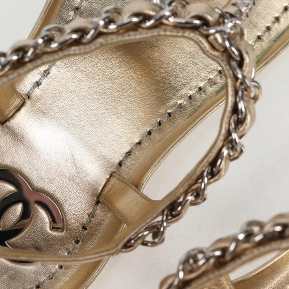 CHANEL COCO Mark Chain Strap Sandals Leather Gold CC Auth BA3976M