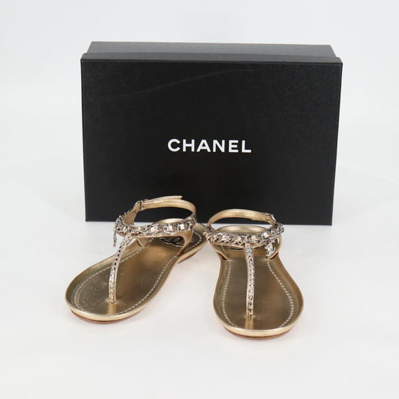 CHANEL COCO Mark Chain Strap Sandals Leather Gold CC Auth BA3976M