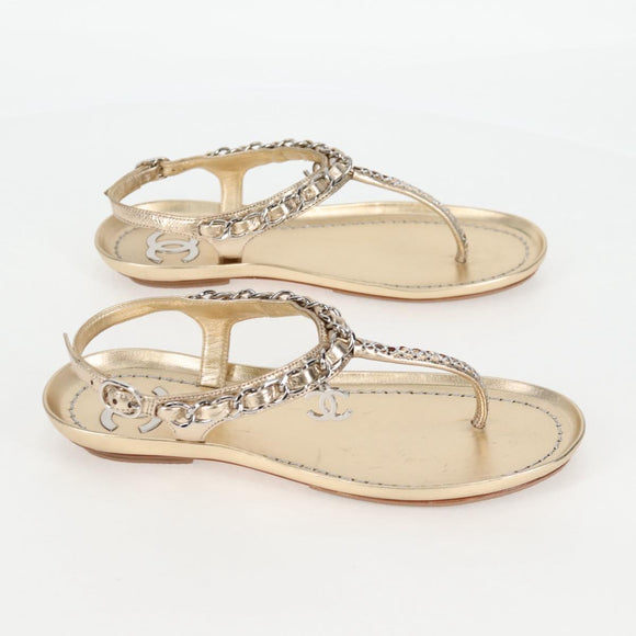 CHANEL COCO Mark Chain Strap Sandals Leather Gold CC Auth BA3976M