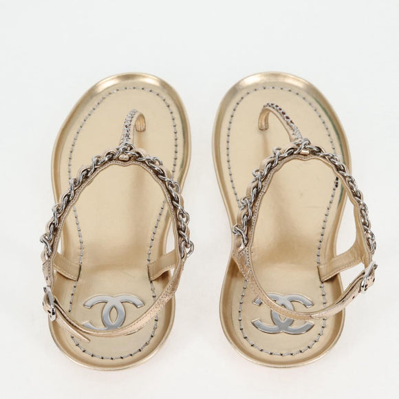 CHANEL COCO Mark Chain Strap Sandals Leather Gold CC Auth BA3976M