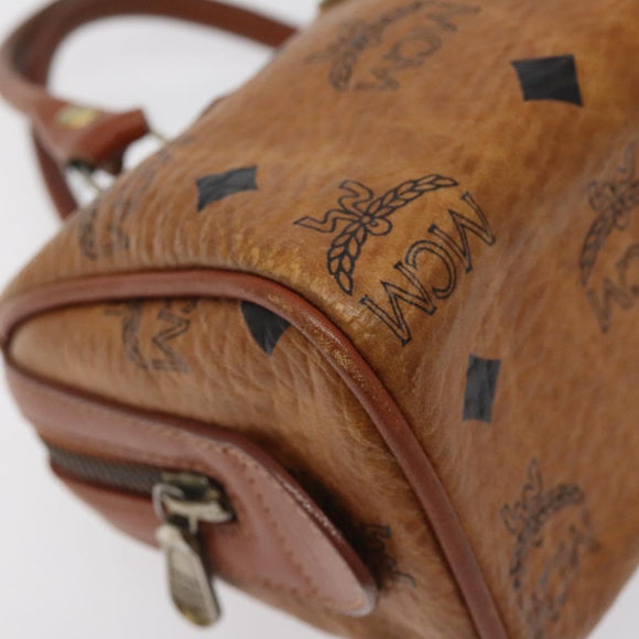 MCM Logogram Vicetos Mini Boston Bag PVC Leather Brown Gold Auth BA3978