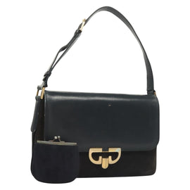 GUCCI Shoulder Bag Suede Leather Navy Gold Auth BA3980