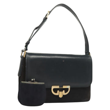 GUCCI Shoulder Bag Suede Leather Navy Gold Auth BA3980