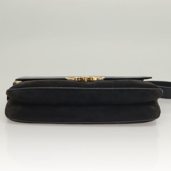 GUCCI Shoulder Bag Suede Leather Navy Gold Auth BA3980