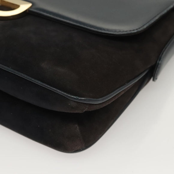 GUCCI Shoulder Bag Suede Leather Navy Gold Auth BA3980