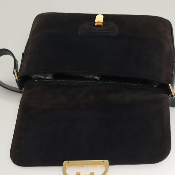 GUCCI Shoulder Bag Suede Leather Navy Gold Auth BA3980