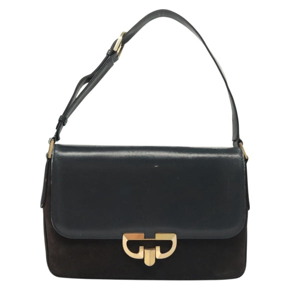 GUCCI Shoulder Bag Suede Leather Navy Gold Auth BA3980