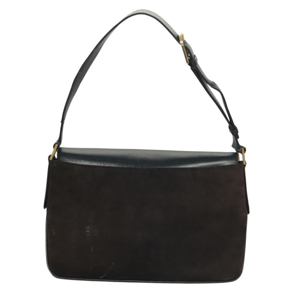 GUCCI Shoulder Bag Suede Leather Navy Gold Auth BA3980