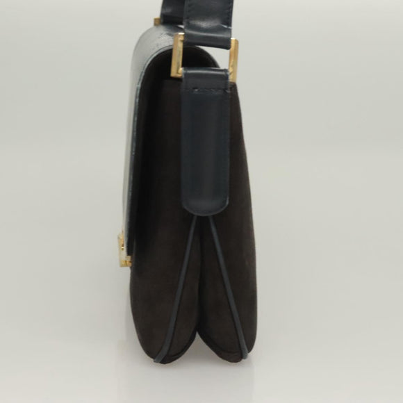 GUCCI Shoulder Bag Suede Leather Navy Gold Auth BA3980