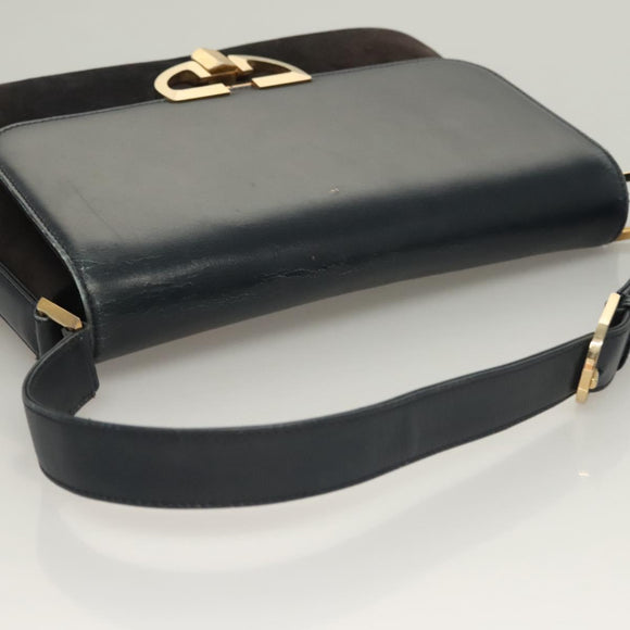 GUCCI Shoulder Bag Suede Leather Navy Gold Auth BA3980