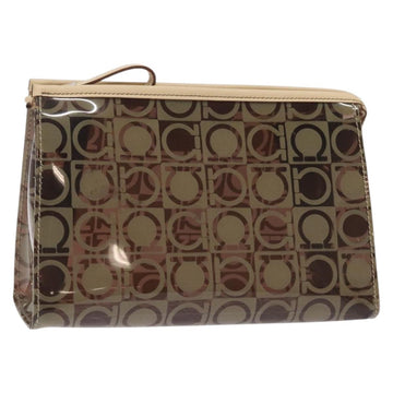 Salvatore Ferragamo Gancini Pouch Vinyl Brown Silver Auth BA3982