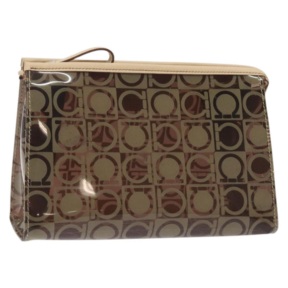 Salvatore Ferragamo Gancini Pouch Vinyl Brown Silver Auth BA3982