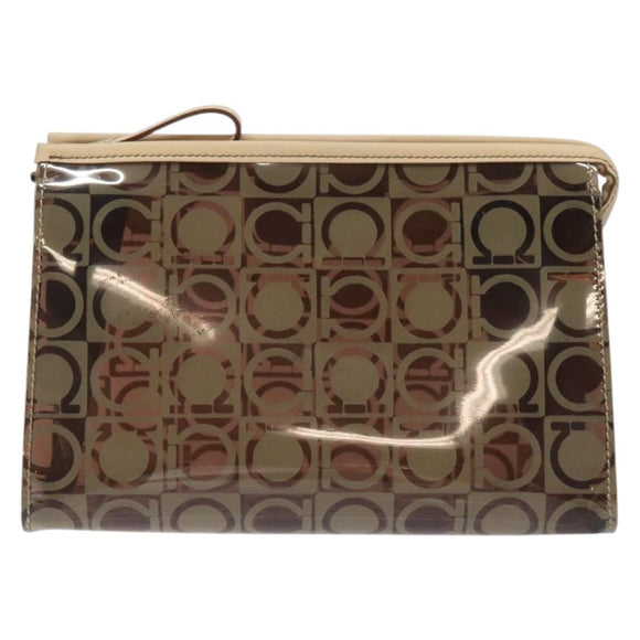 Salvatore Ferragamo Gancini Pouch Vinyl Brown Silver Auth BA3982