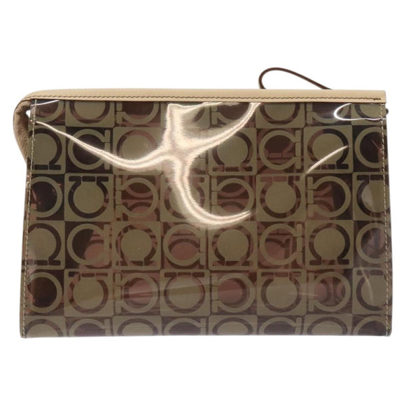 Salvatore Ferragamo Gancini Pouch Vinyl Brown Silver Auth BA3982