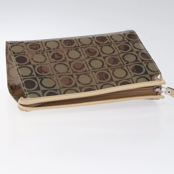 Salvatore Ferragamo Gancini Pouch Vinyl Brown Silver Auth BA3982