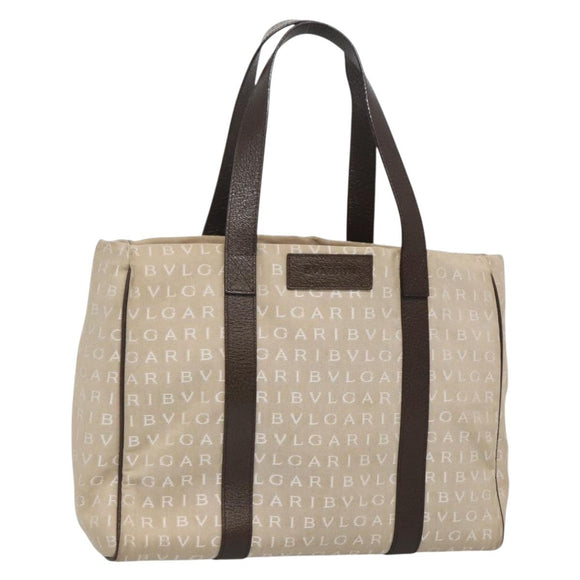 BVLGARI Logo Mania Tote Bag Canvas Beige Auth BA3987
