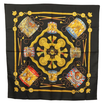 HERMES Carre 90 Scarf ""LES TAMBOURS"" Silk Black Auth BA3989