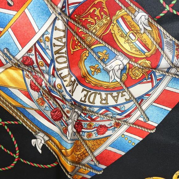 HERMES Carre 90 Scarf ""LES TAMBOURS"" Silk Black Auth BA3989