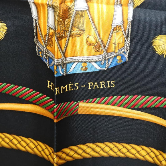 HERMES Carre 90 Scarf ""LES TAMBOURS"" Silk Black Auth BA3989