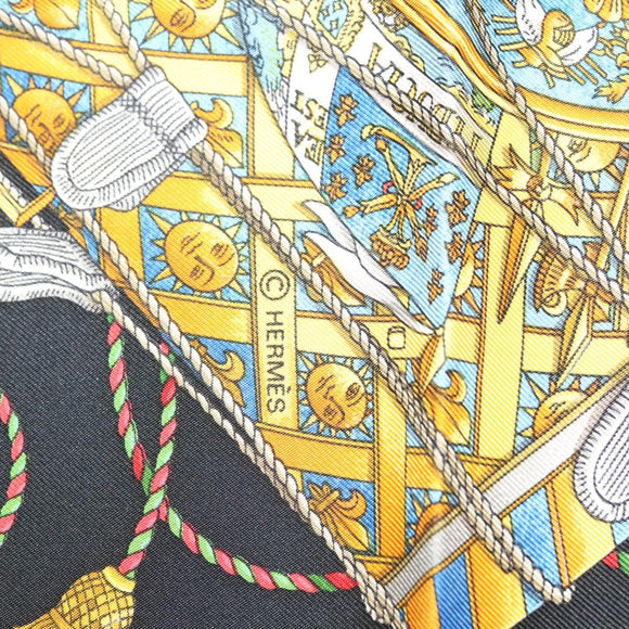 HERMES Carre 90 Scarf ""LES TAMBOURS"" Silk Black Auth BA3989