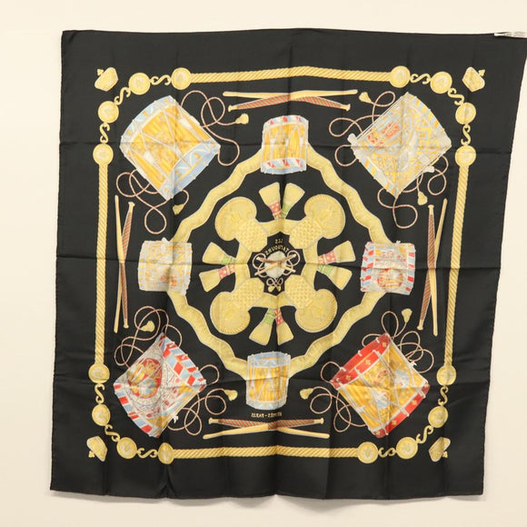 HERMES Carre 90 Scarf ""LES TAMBOURS"" Silk Black Auth BA3989