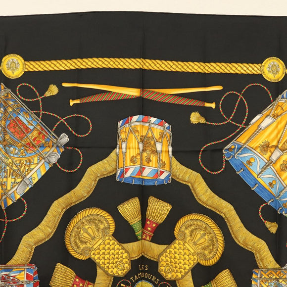 HERMES Carre 90 Scarf ""LES TAMBOURS"" Silk Black Auth BA3989