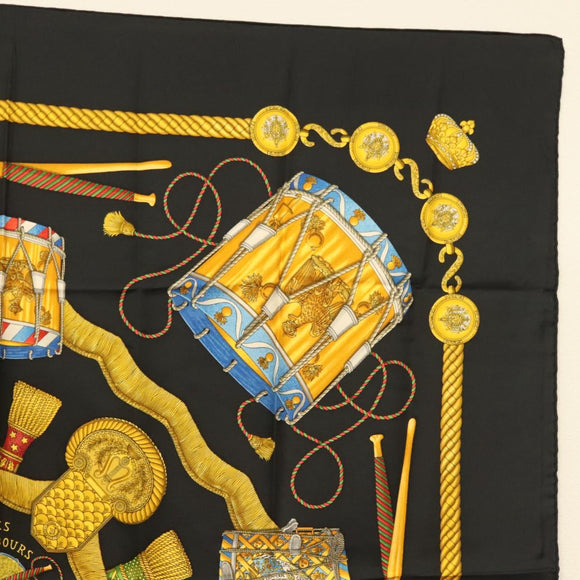 HERMES Carre 90 Scarf ""LES TAMBOURS"" Silk Black Auth BA3989