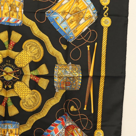 HERMES Carre 90 Scarf ""LES TAMBOURS"" Silk Black Auth BA3989