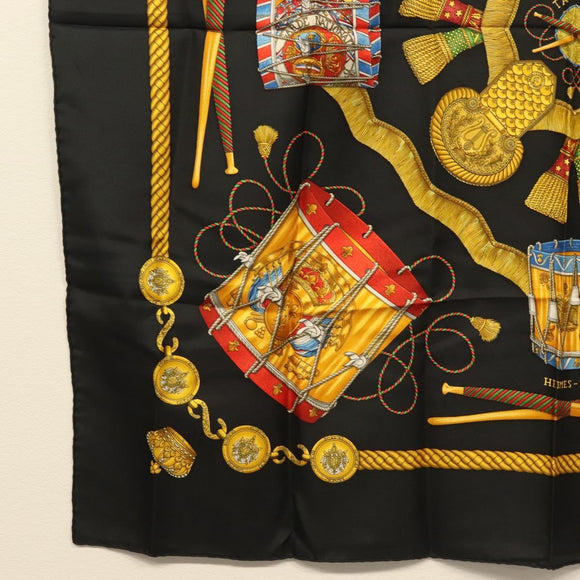 HERMES Carre 90 Scarf ""LES TAMBOURS"" Silk Black Auth BA3989