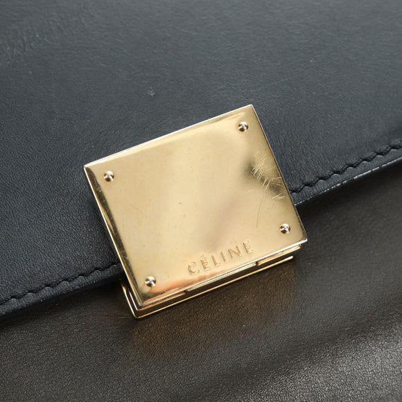 CELINE Trapeze Hand Bag Leather 2way Navy Gold Auth BA400