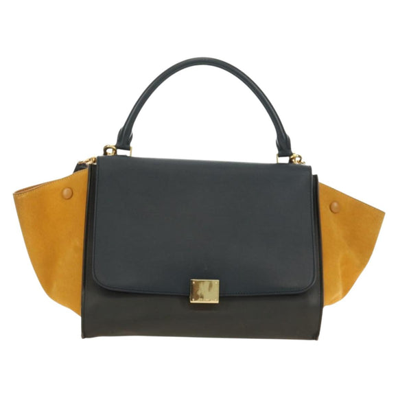 CELINE Trapeze Hand Bag Leather 2way Navy Gold Auth BA400