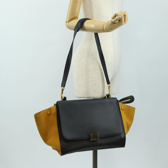 CELINE Trapeze Hand Bag Leather 2way Navy Gold Auth BA400