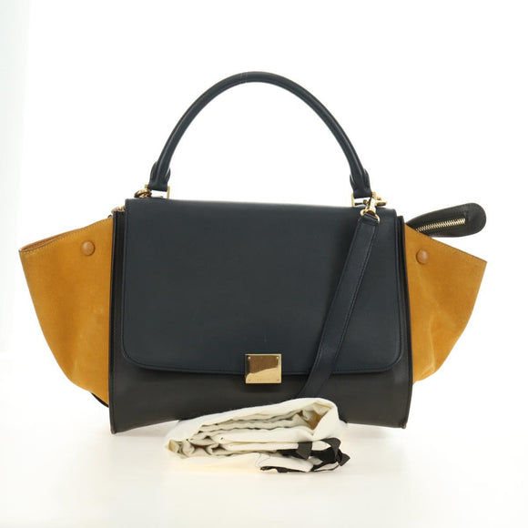 CELINE Trapeze Hand Bag Leather 2way Navy Gold Auth BA400