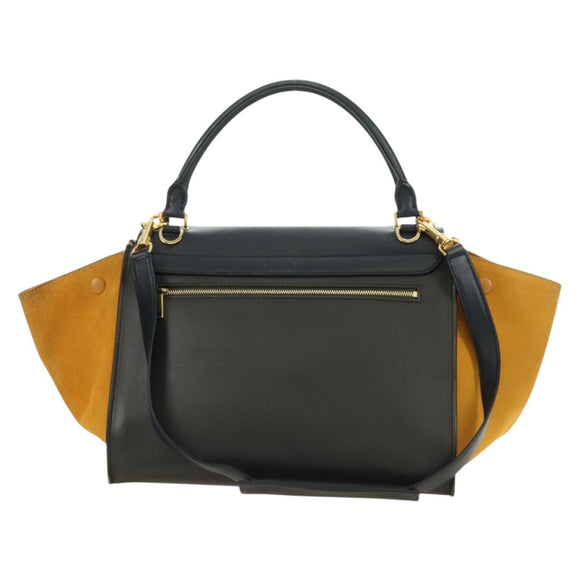 CELINE Trapeze Hand Bag Leather 2way Navy Gold Auth BA400